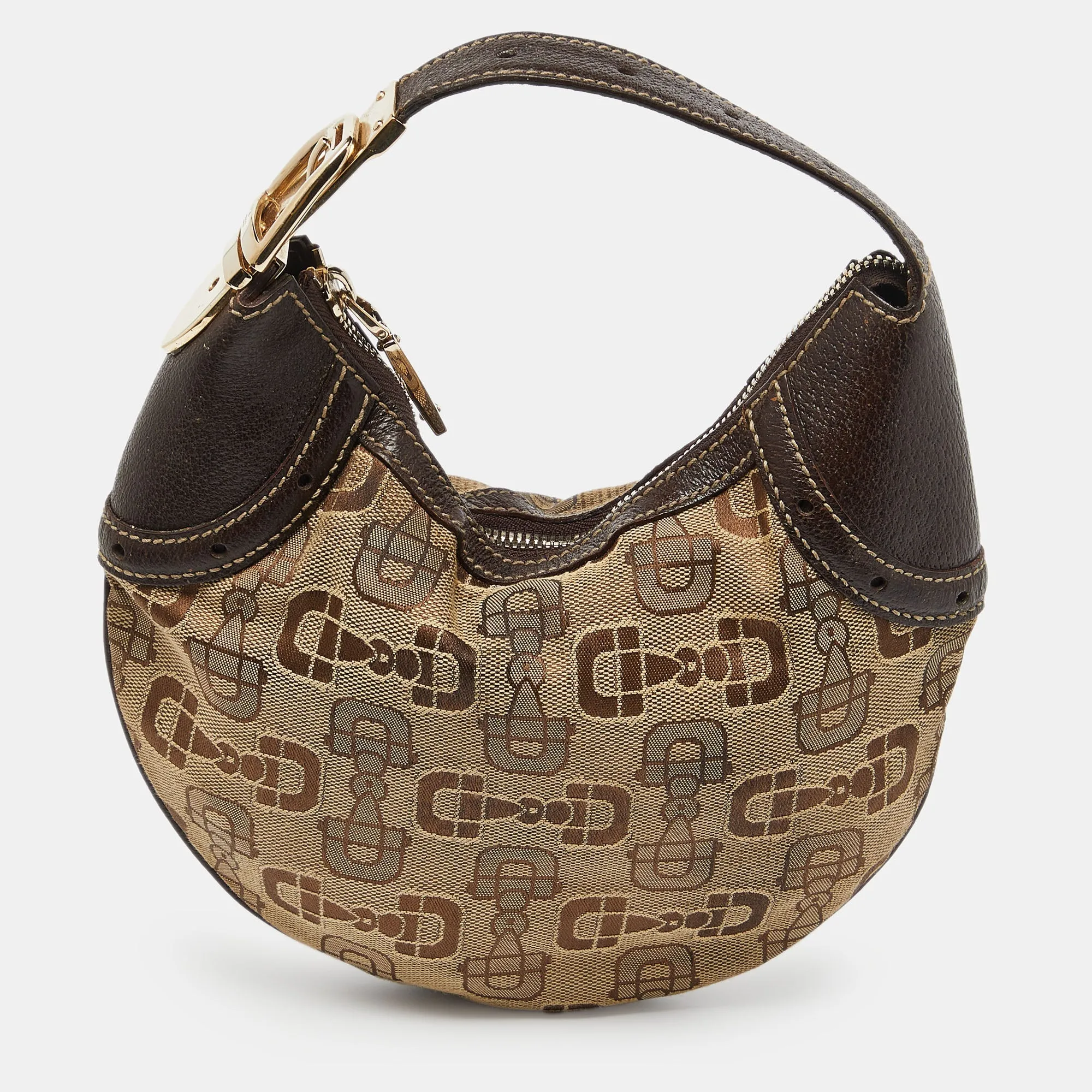 Beige/Ebony Horsebit Print Canvas and Leather Mini Hobo