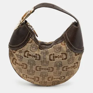 Beige/Ebony Horsebit Print Canvas and Leather Mini Hobo