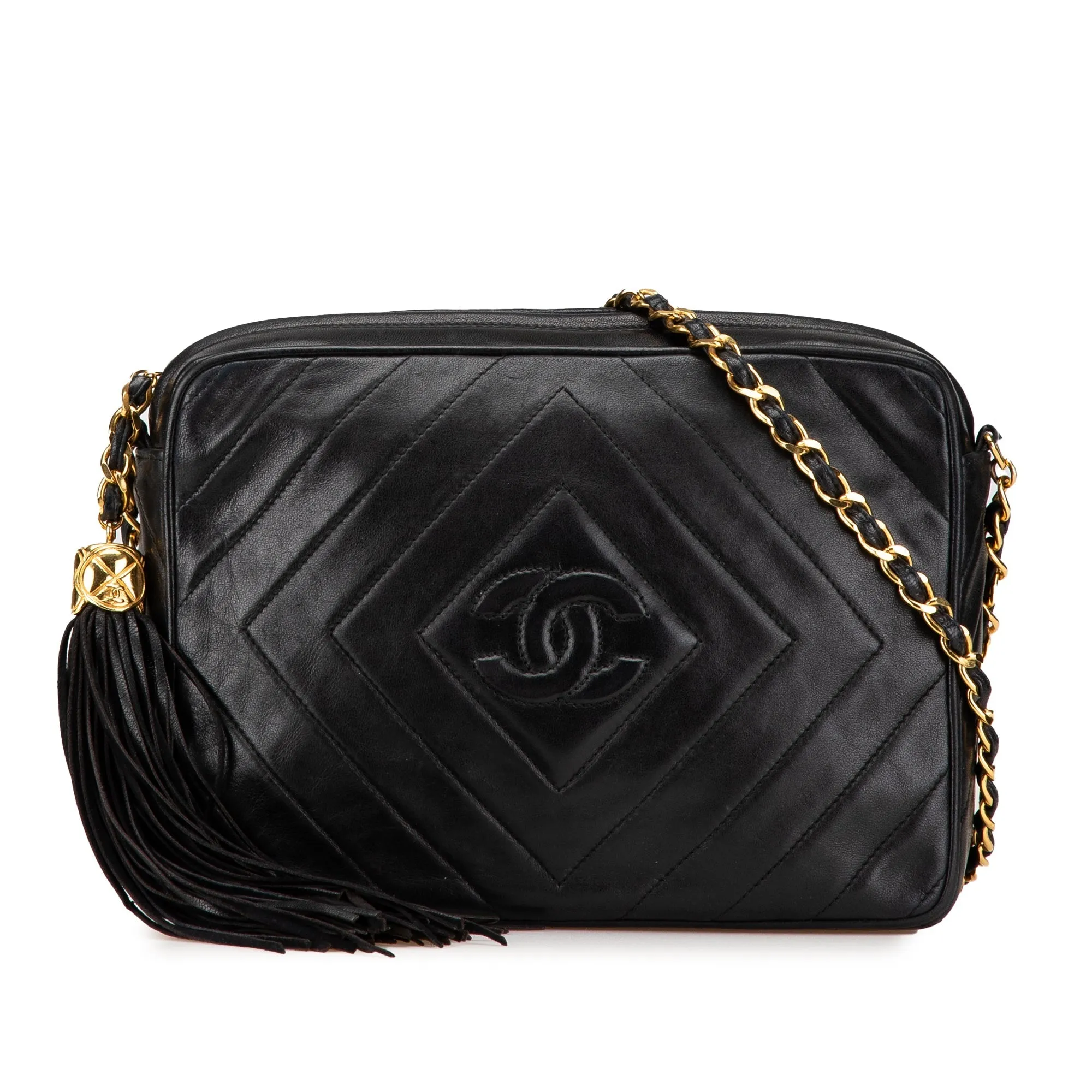 Black Chanel CC Chevron Quilted Lambskin Tassel Camera Case Crossbody Bag