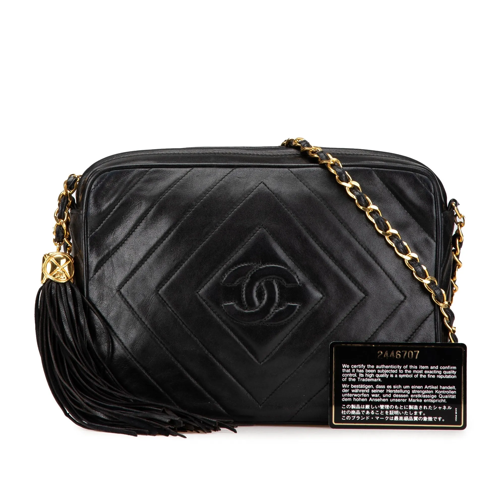 Black Chanel CC Chevron Quilted Lambskin Tassel Camera Case Crossbody Bag
