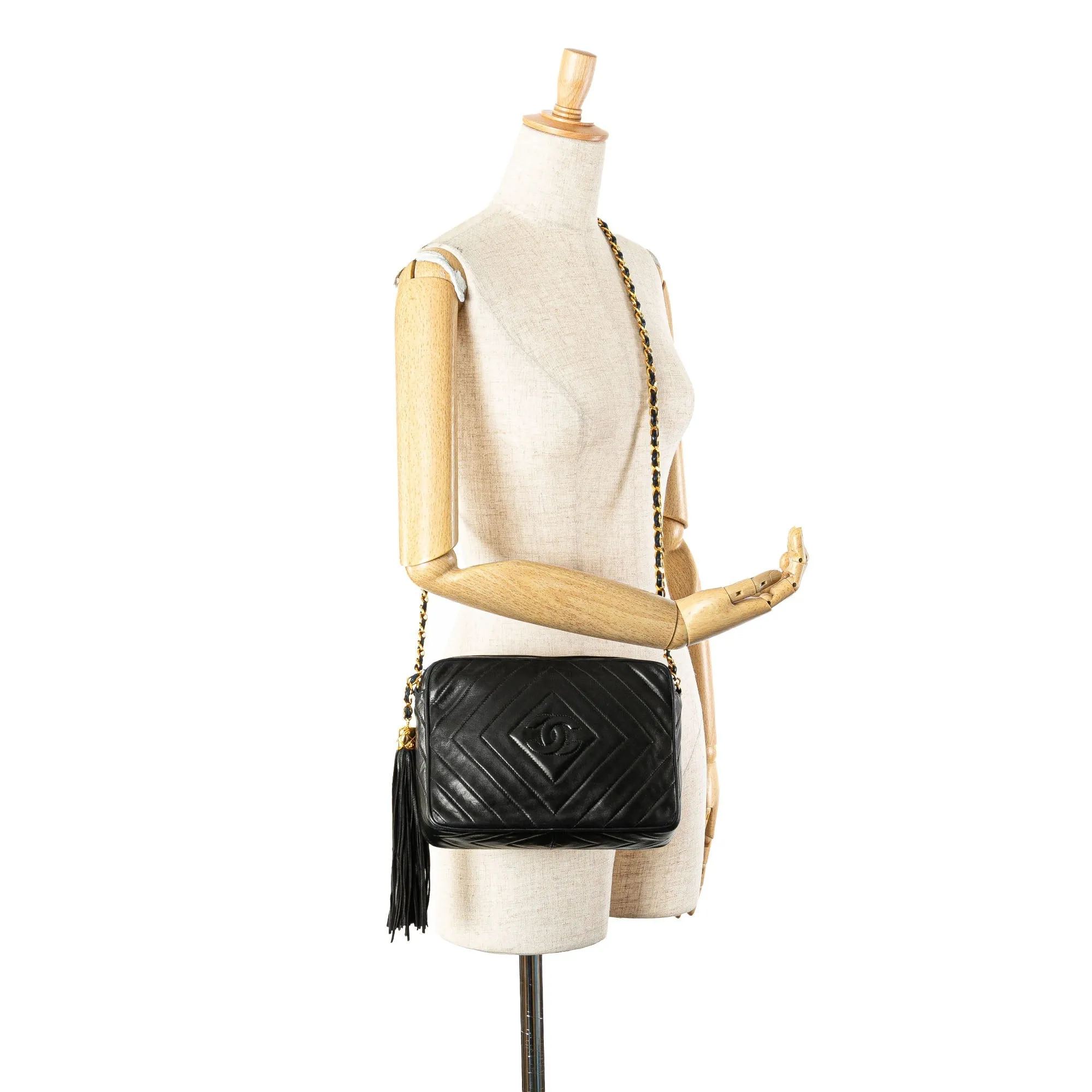 Black Chanel CC Chevron Quilted Lambskin Tassel Camera Case Crossbody Bag