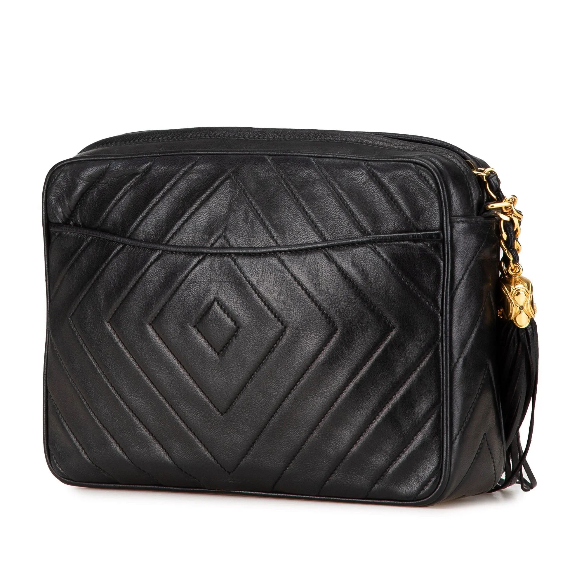 Black Chanel CC Chevron Quilted Lambskin Tassel Camera Case Crossbody Bag