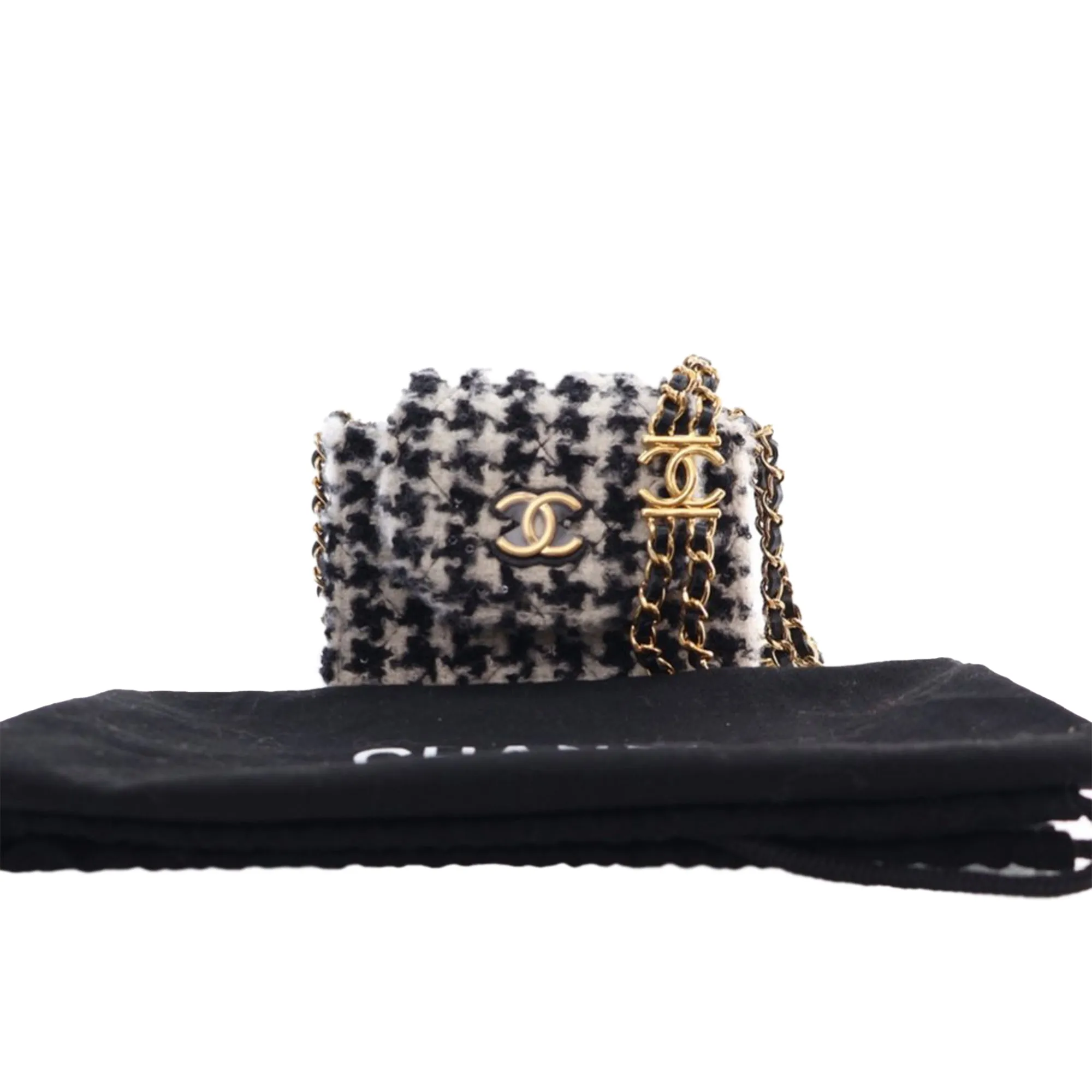 Black Chanel Mini CC Tweed Houndstooth Accordion Flap Crossbody Bag