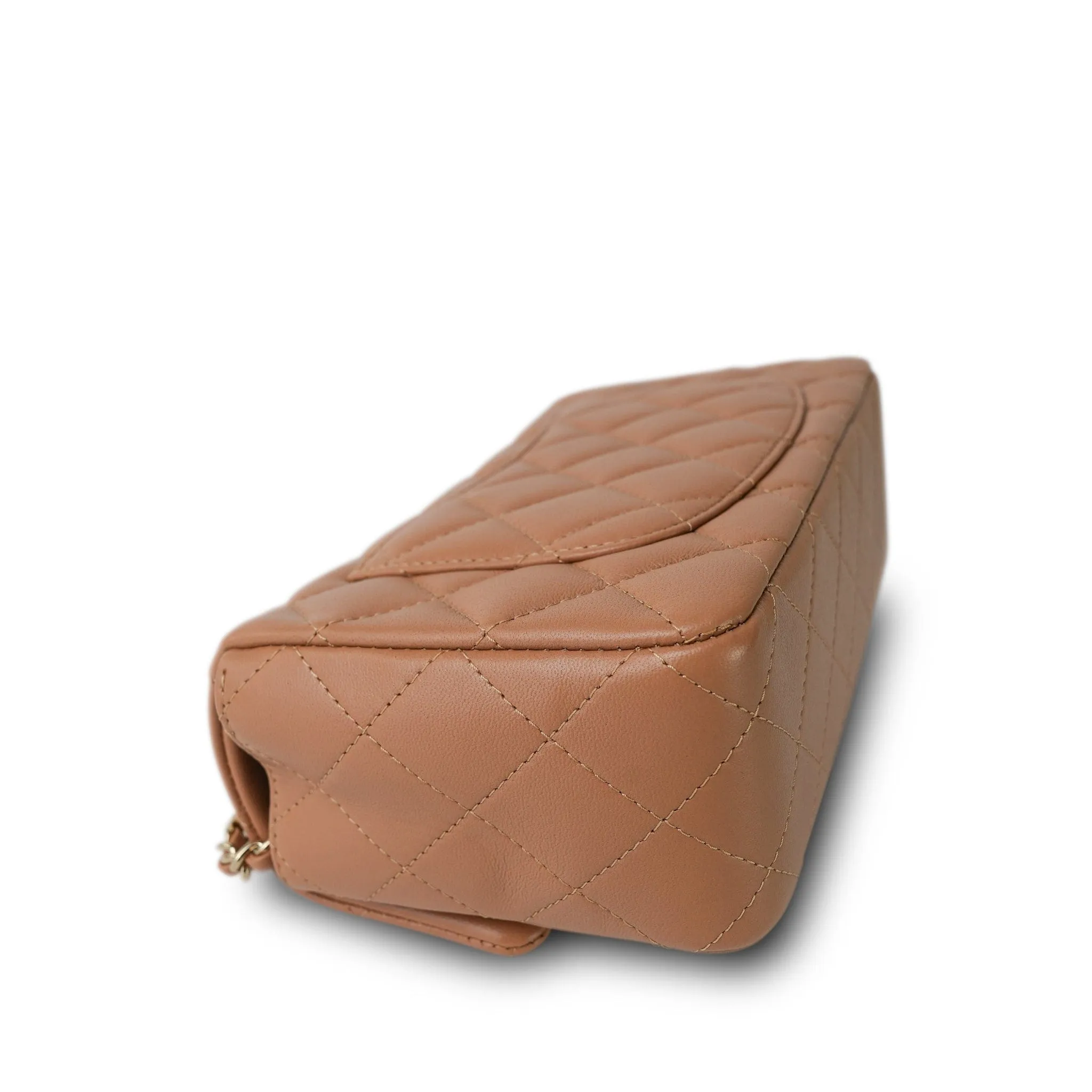 Dark Beige Lambskin Quilted Mini Top Handle Light Gold Hardware