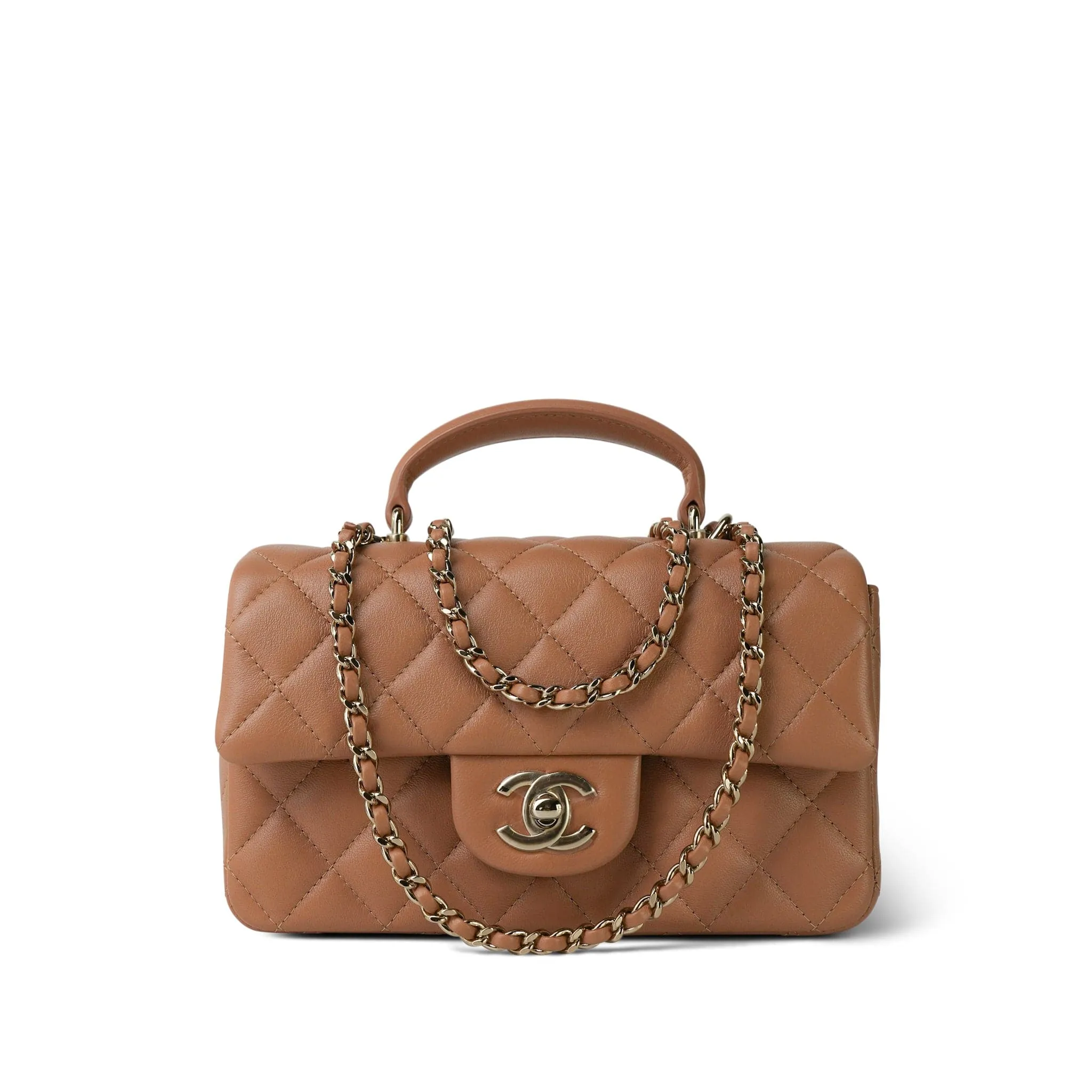 Dark Beige Lambskin Quilted Mini Top Handle Light Gold Hardware