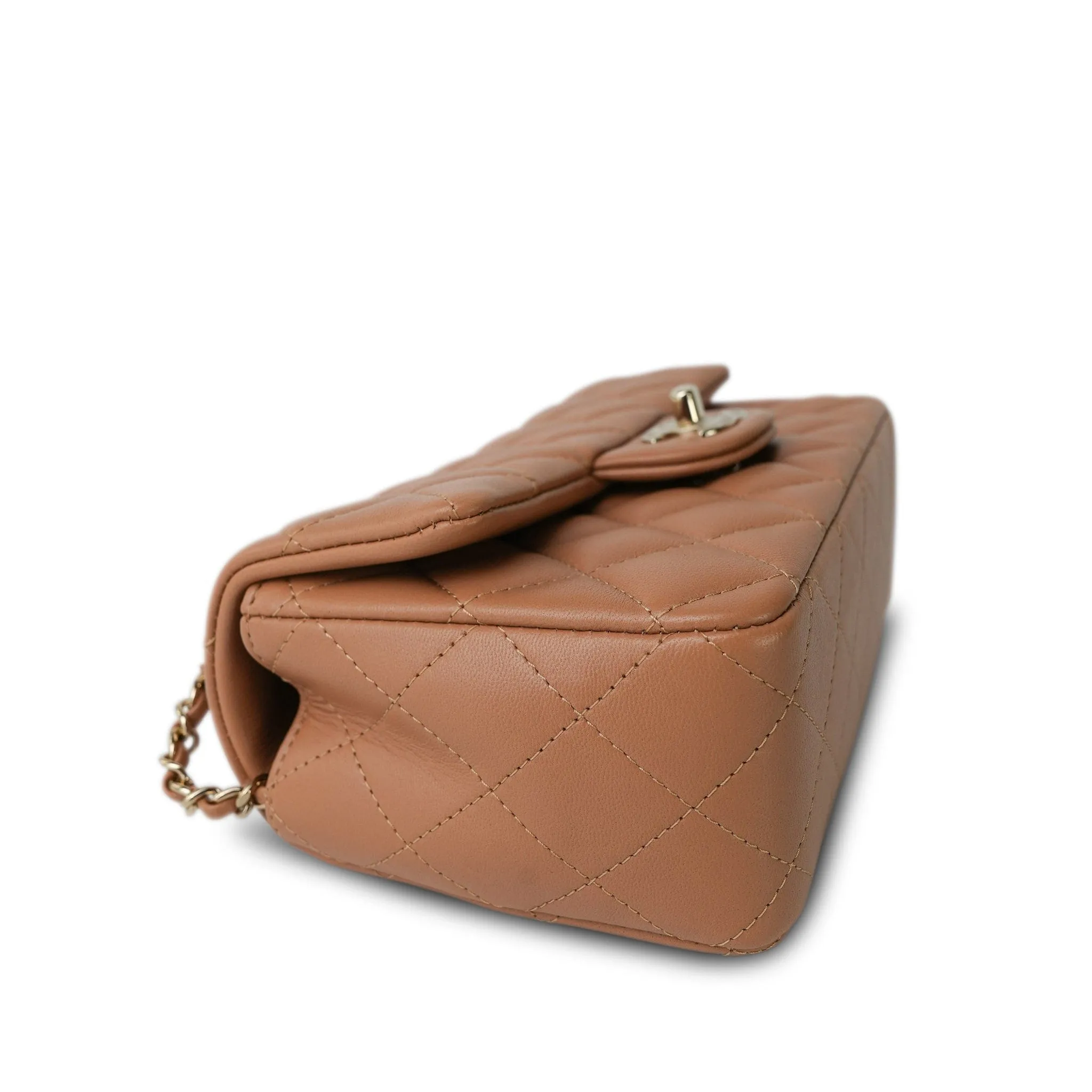Dark Beige Lambskin Quilted Mini Top Handle Light Gold Hardware
