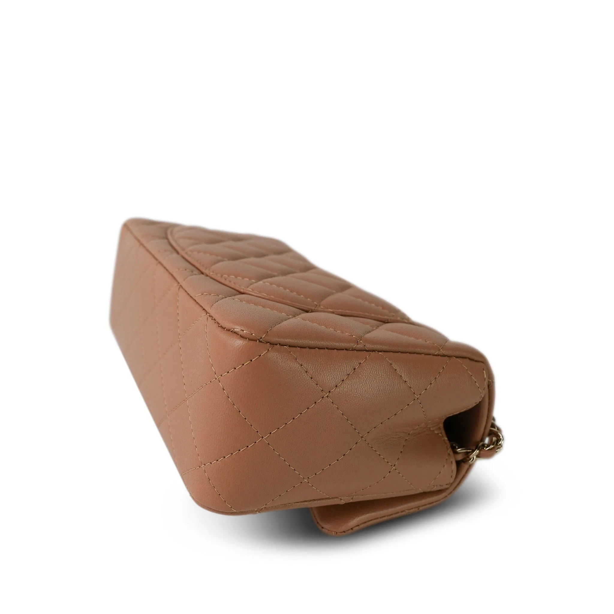Dark Beige Lambskin Quilted Mini Top Handle Light Gold Hardware