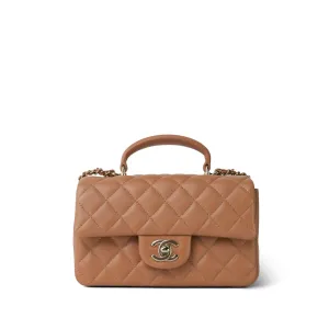 Dark Beige Lambskin Quilted Mini Top Handle Light Gold Hardware
