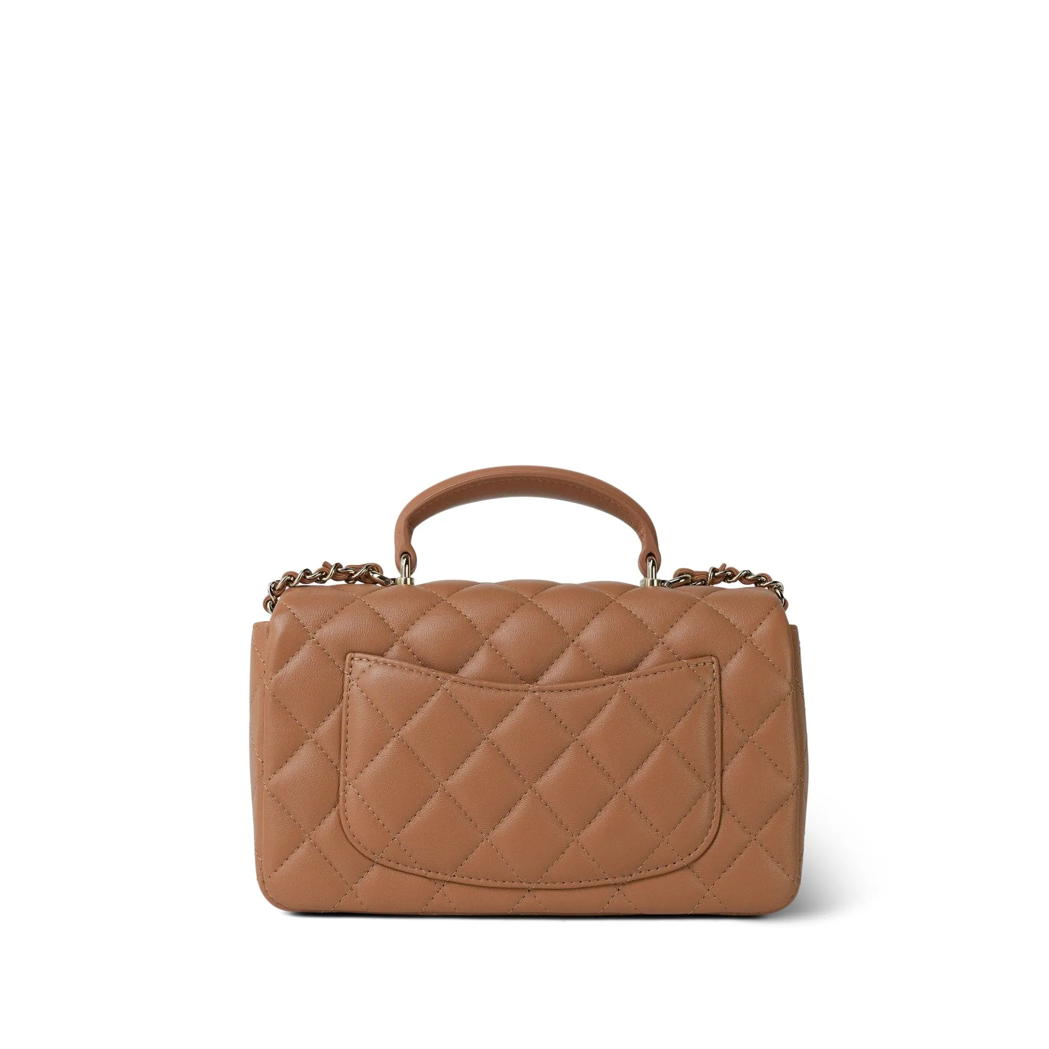 Dark Beige Lambskin Quilted Mini Top Handle Light Gold Hardware