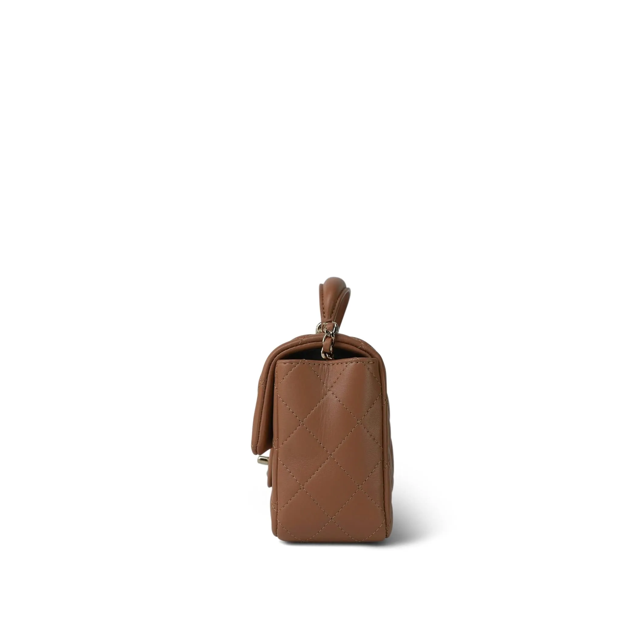 Dark Beige Lambskin Quilted Mini Top Handle Light Gold Hardware