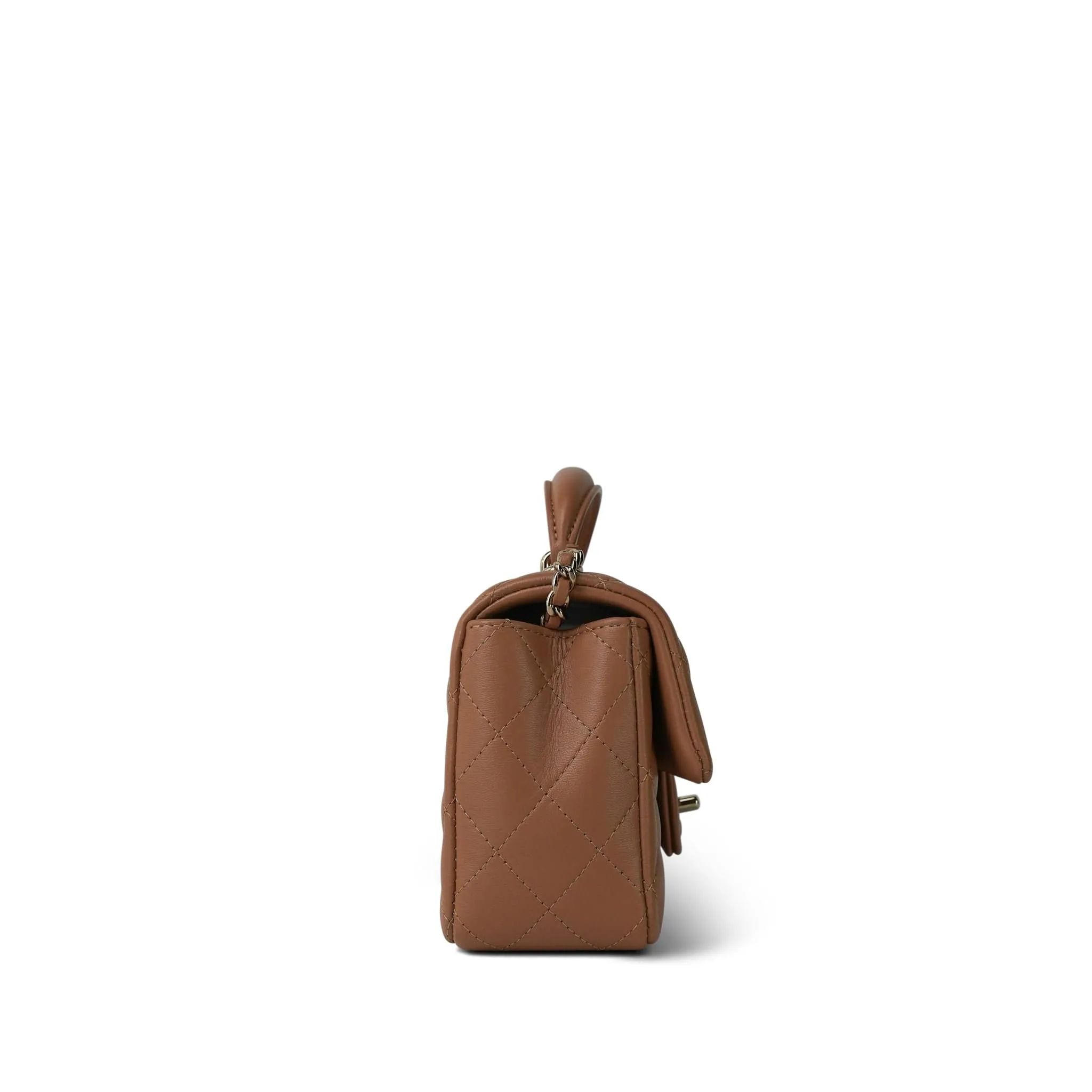 Dark Beige Lambskin Quilted Mini Top Handle Light Gold Hardware