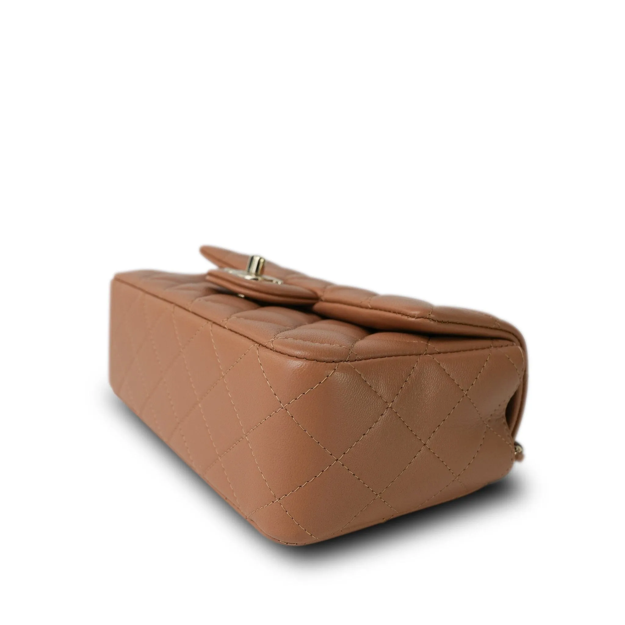 Dark Beige Lambskin Quilted Mini Top Handle Light Gold Hardware