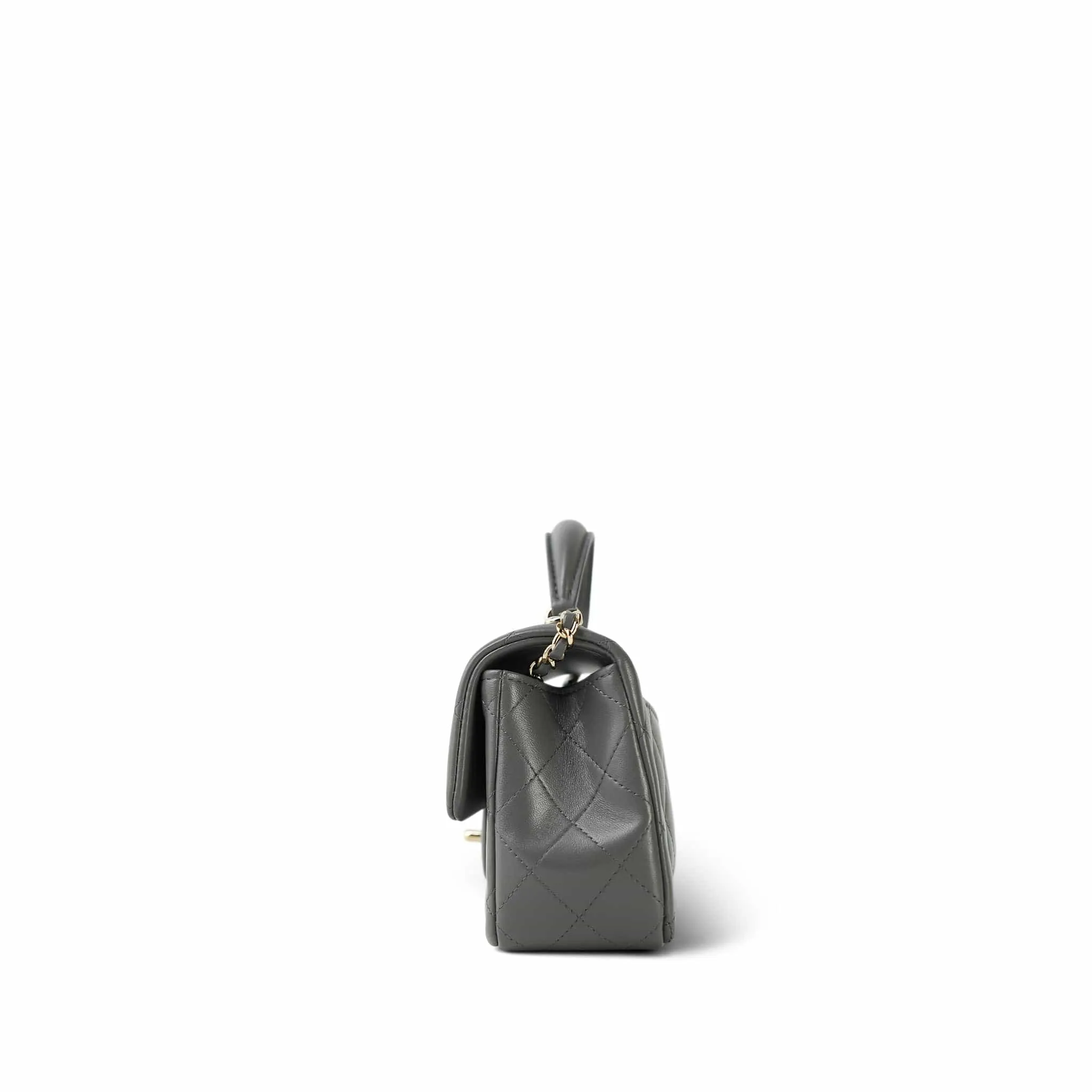 Dark Grey Lambskin Quilted Mini Top Handle Light Gold Hardware