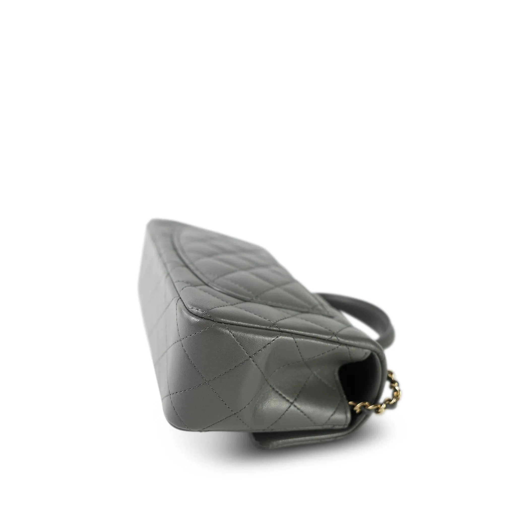 Dark Grey Lambskin Quilted Mini Top Handle Light Gold Hardware
