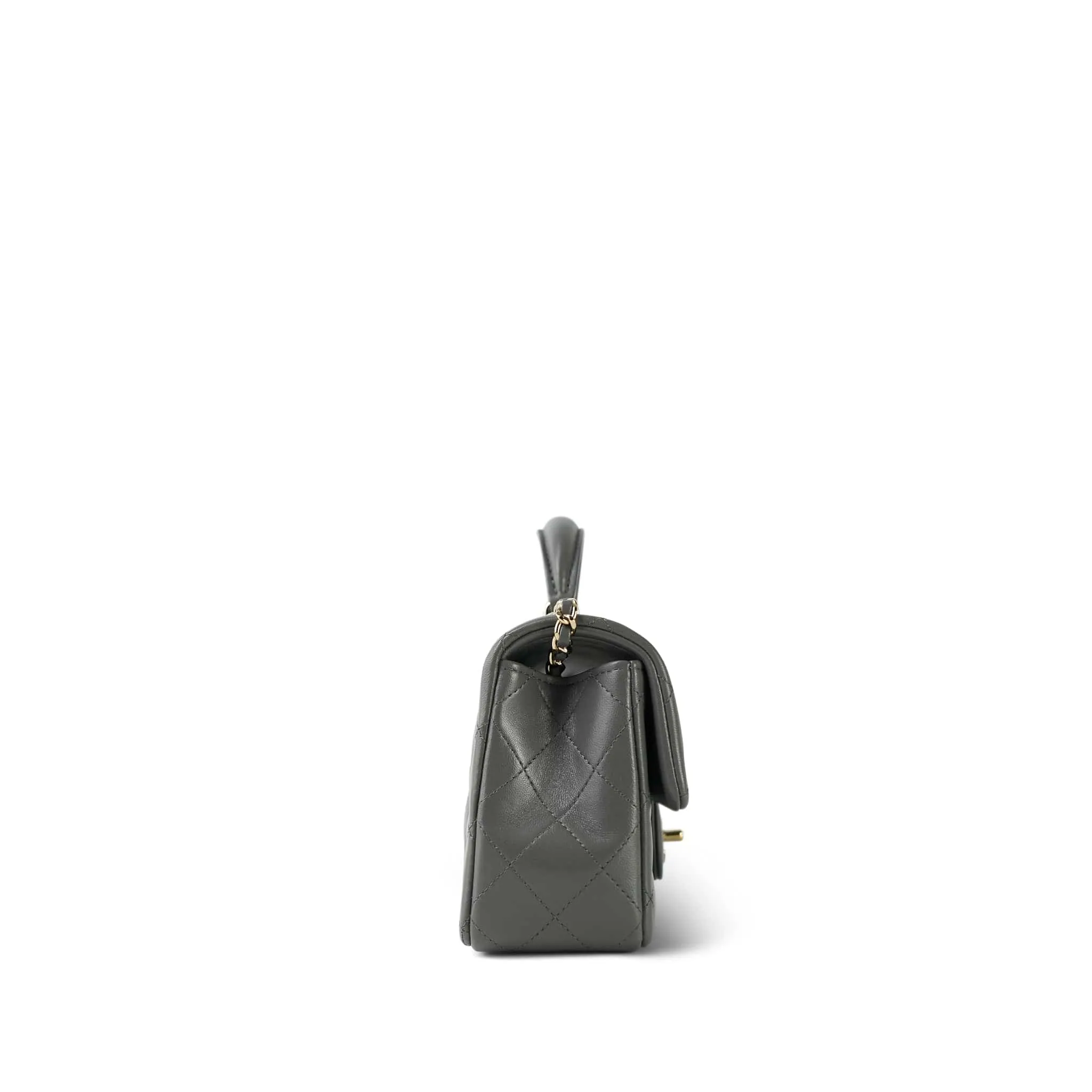 Dark Grey Lambskin Quilted Mini Top Handle Light Gold Hardware