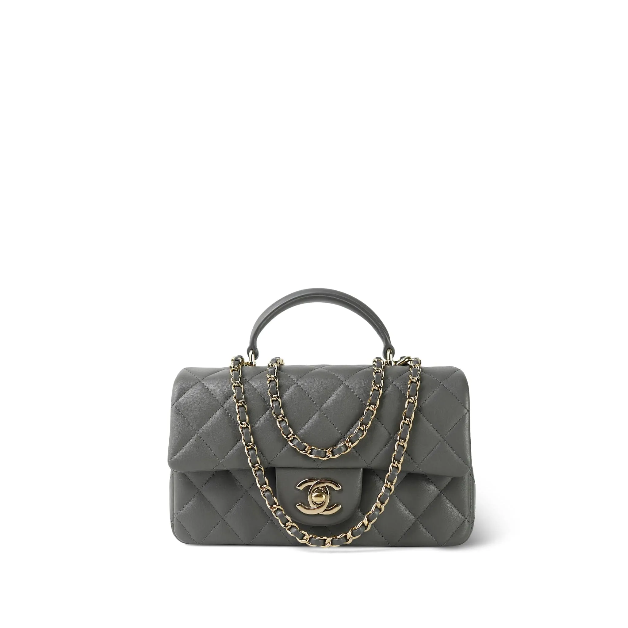 Dark Grey Lambskin Quilted Mini Top Handle Light Gold Hardware