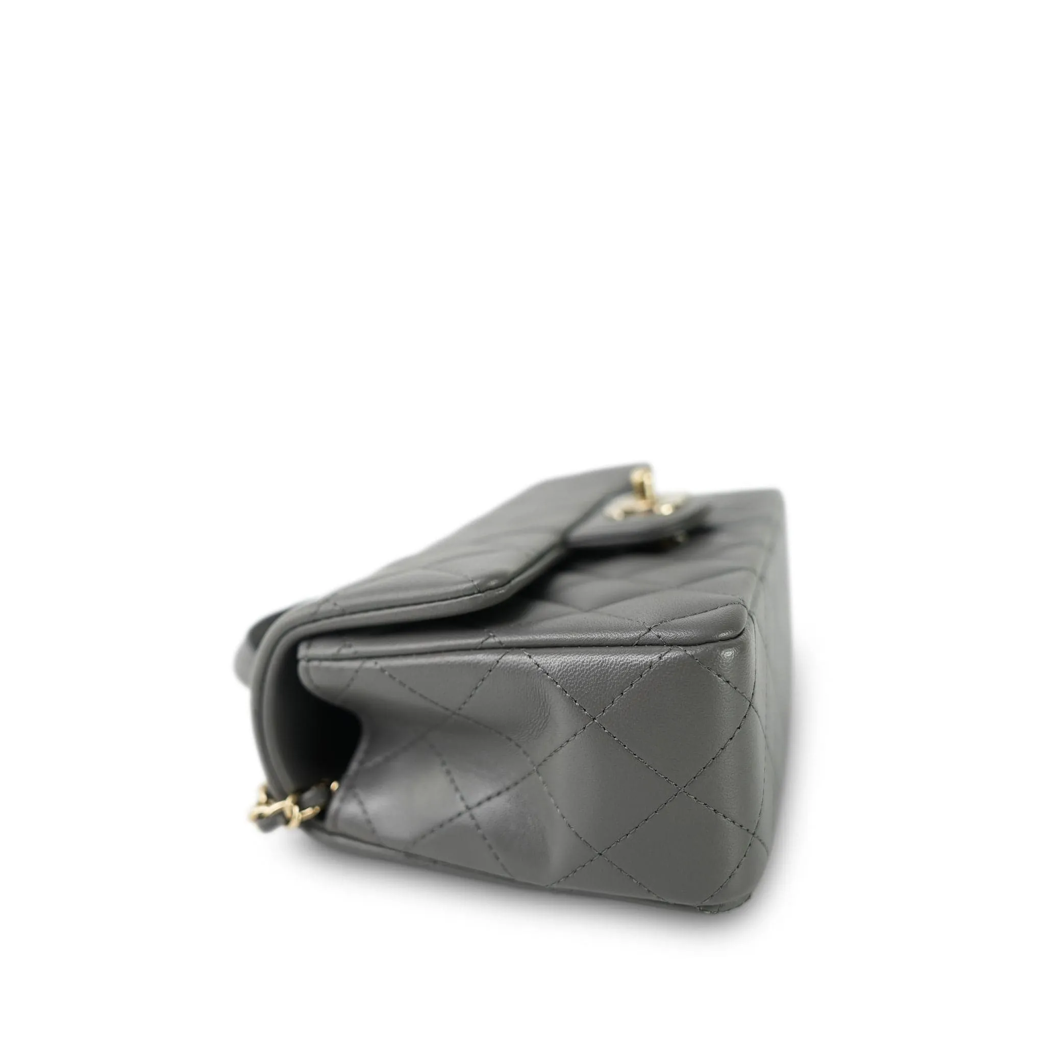 Dark Grey Lambskin Quilted Mini Top Handle Light Gold Hardware