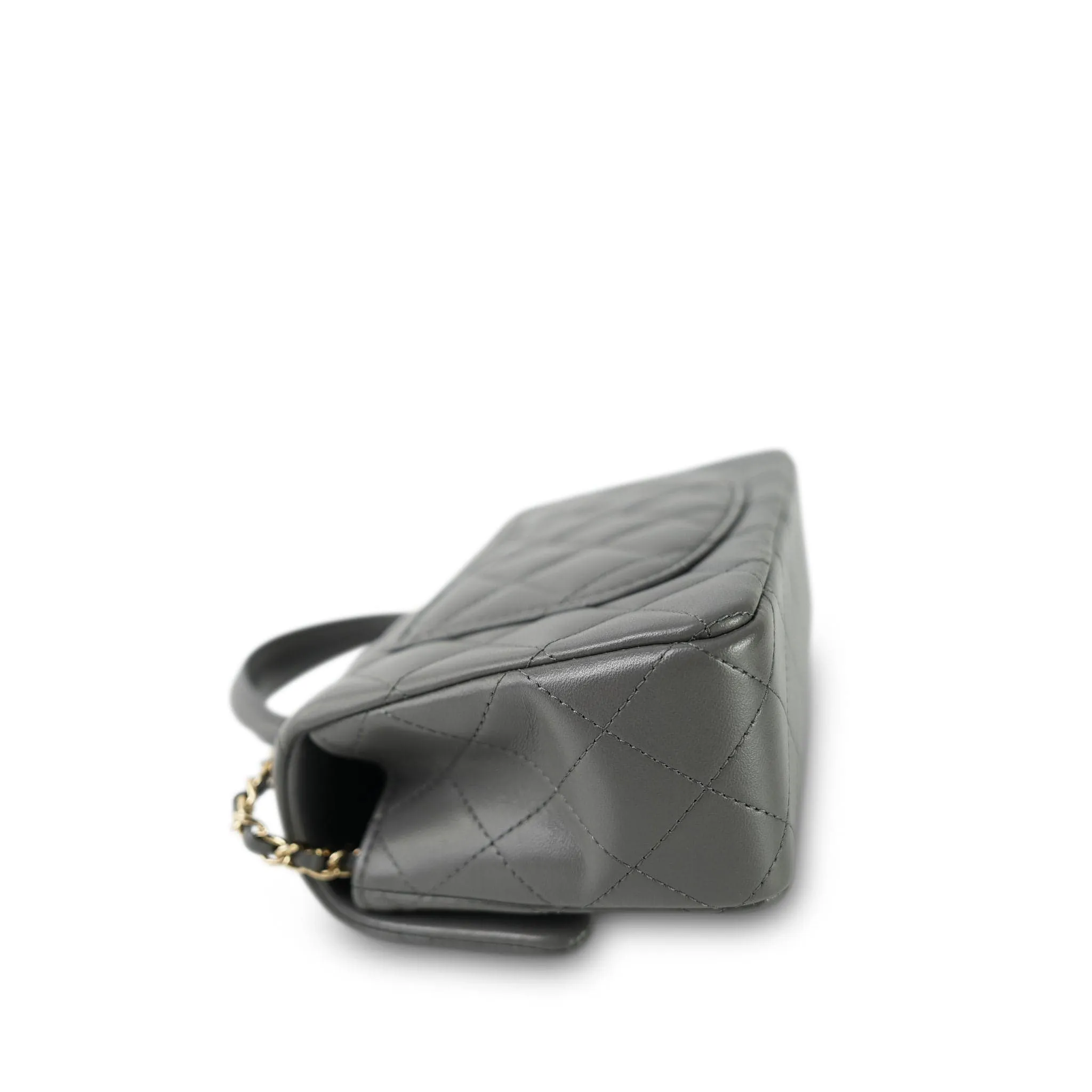 Dark Grey Lambskin Quilted Mini Top Handle Light Gold Hardware