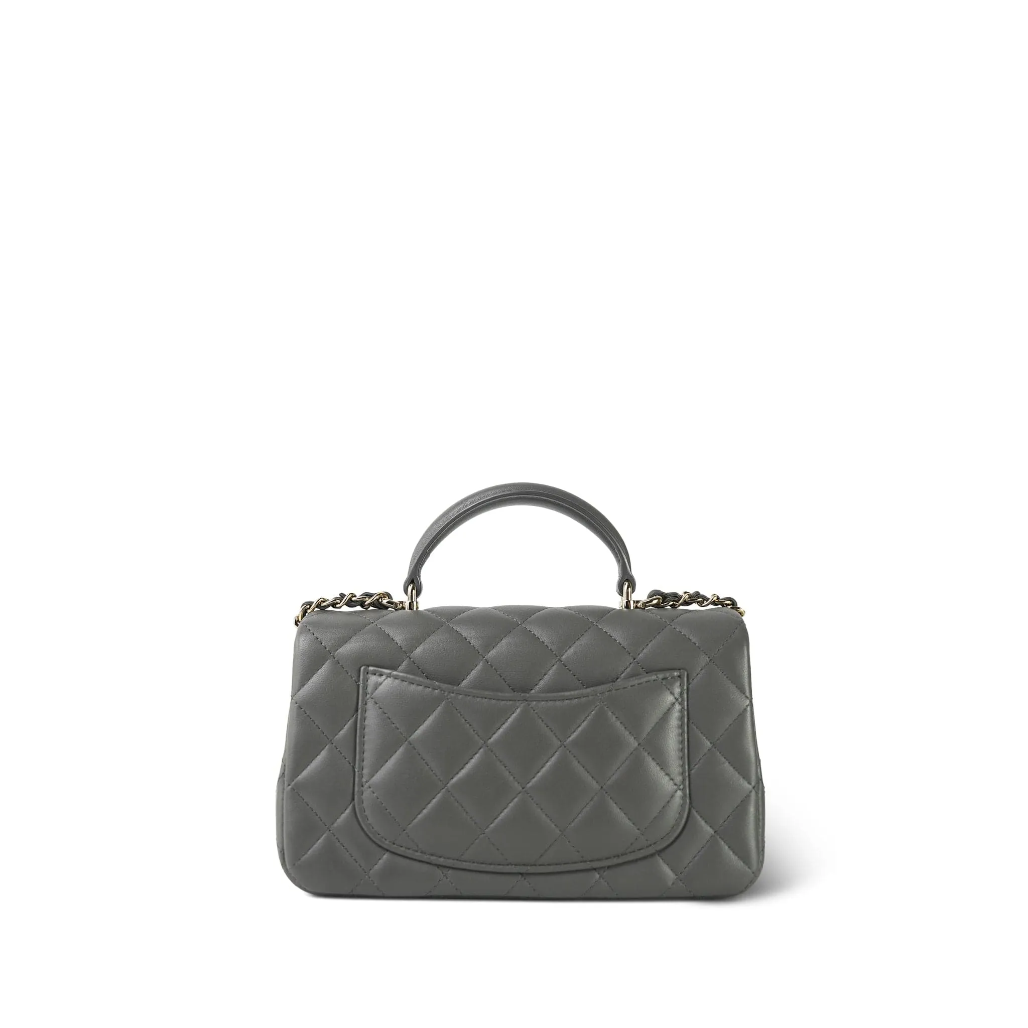 Dark Grey Lambskin Quilted Mini Top Handle Light Gold Hardware