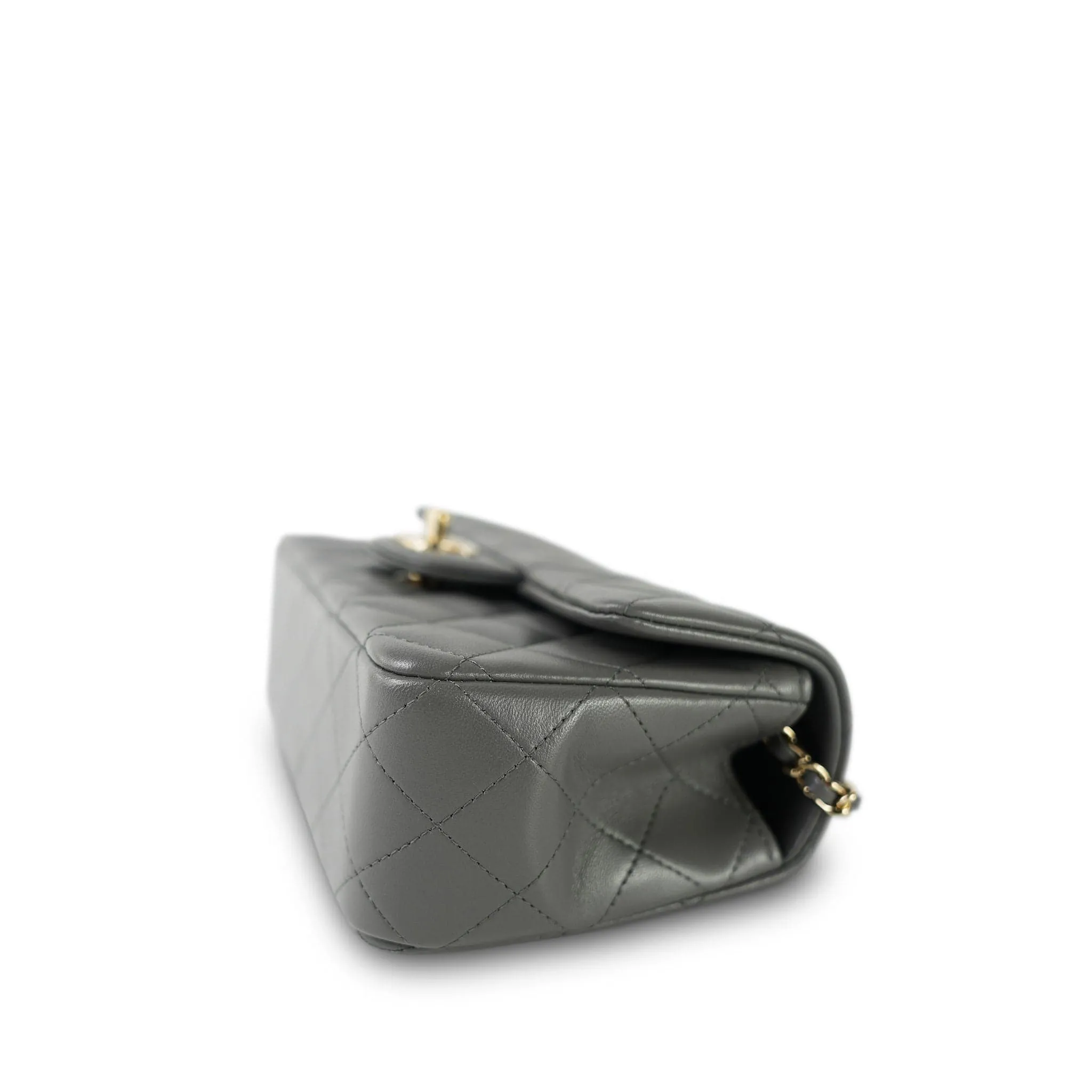 Dark Grey Lambskin Quilted Mini Top Handle Light Gold Hardware