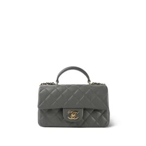 Dark Grey Lambskin Quilted Mini Top Handle Light Gold Hardware
