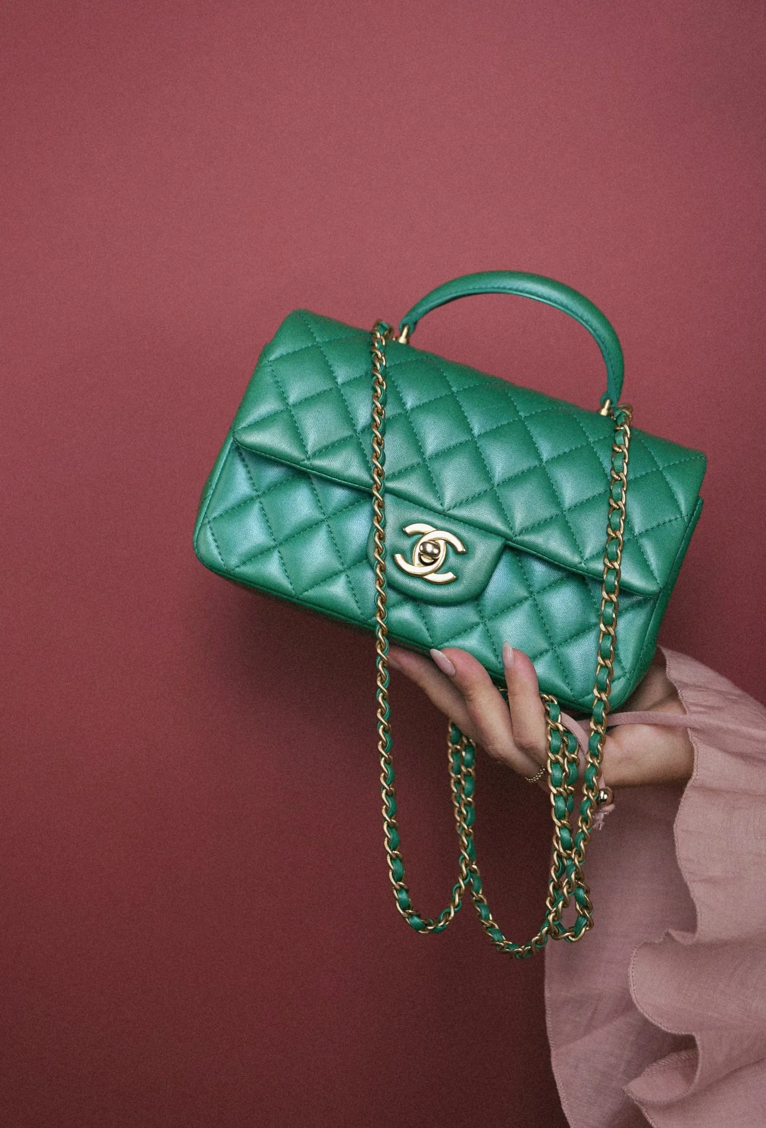 Green Lambskin Quilted Mini Top Handle Aged Gold Hardware