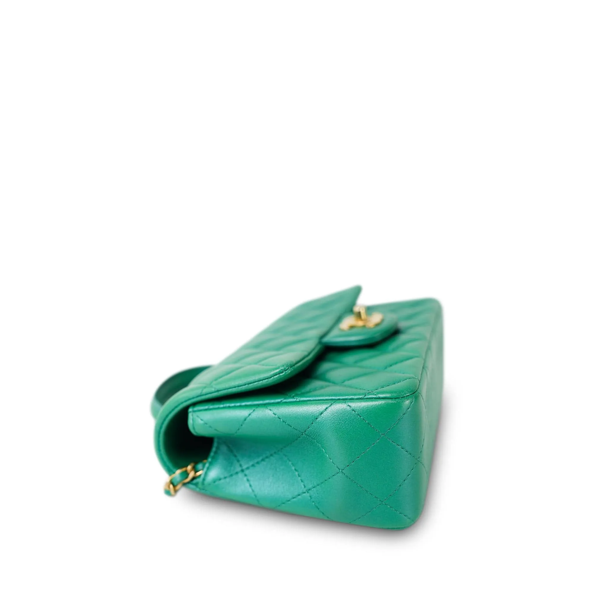 Green Lambskin Quilted Mini Top Handle Aged Gold Hardware
