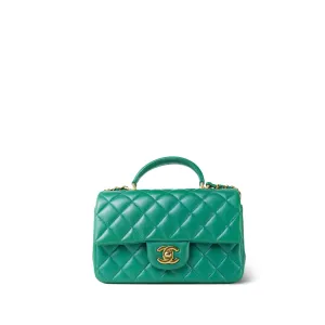 Green Lambskin Quilted Mini Top Handle Aged Gold Hardware