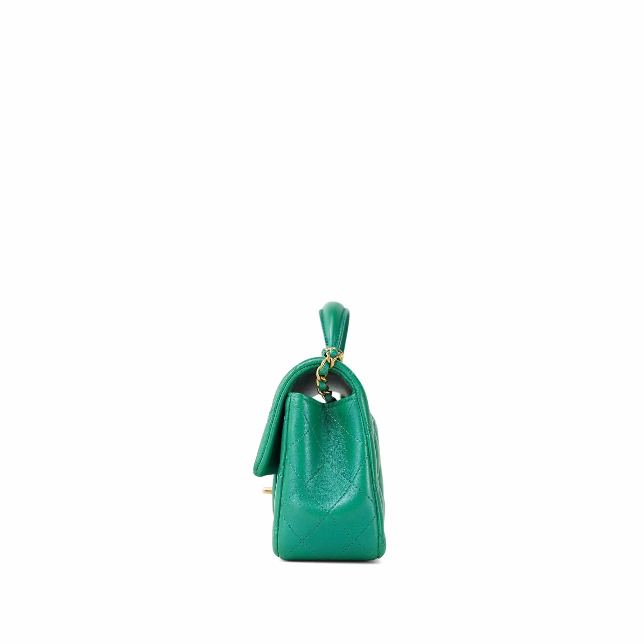 Green Lambskin Quilted Mini Top Handle Aged Gold Hardware