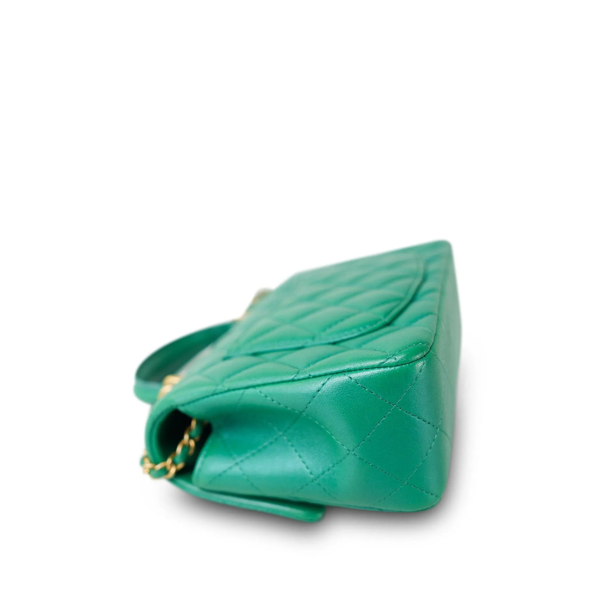 Green Lambskin Quilted Mini Top Handle Aged Gold Hardware