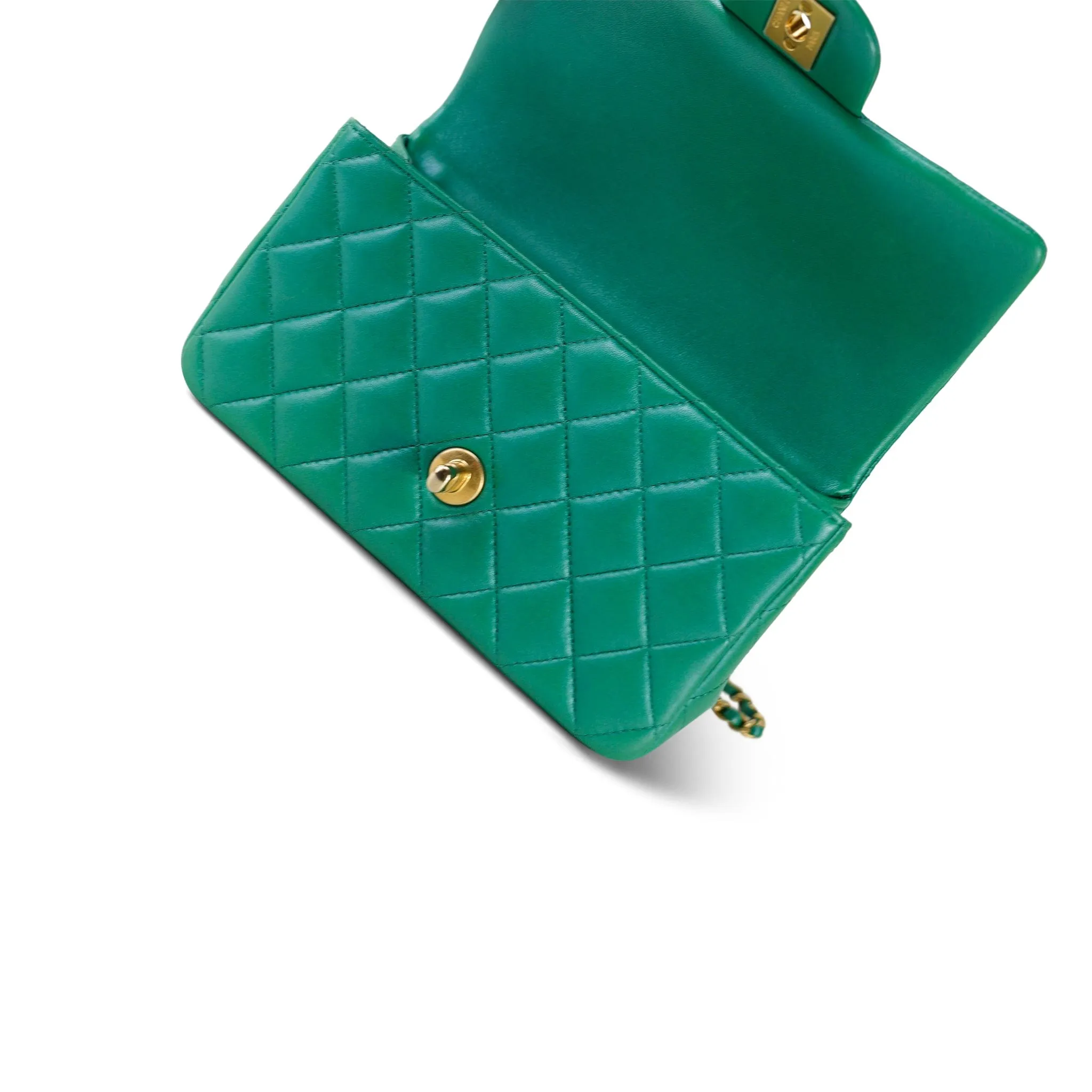 Green Lambskin Quilted Mini Top Handle Aged Gold Hardware