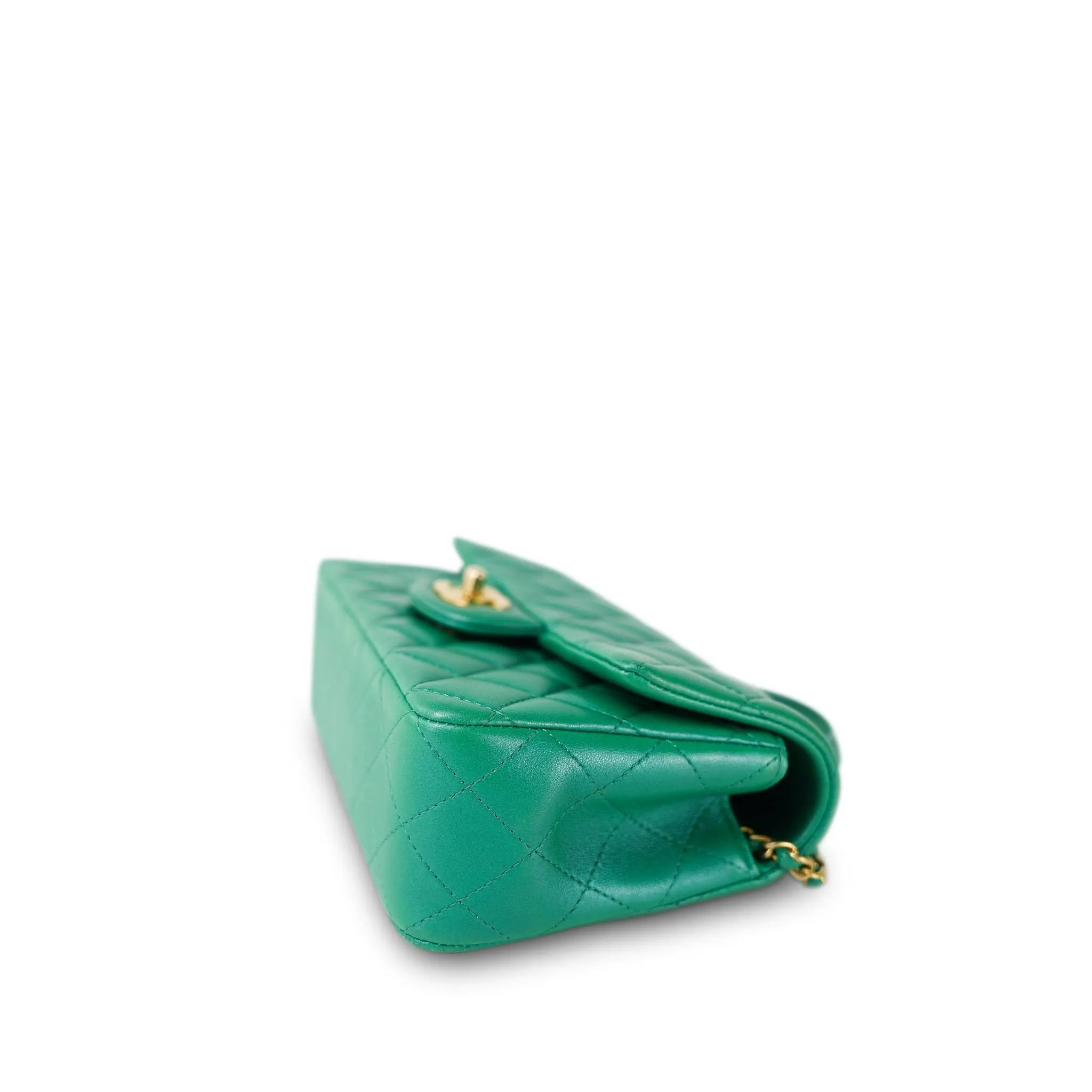 Green Lambskin Quilted Mini Top Handle Aged Gold Hardware