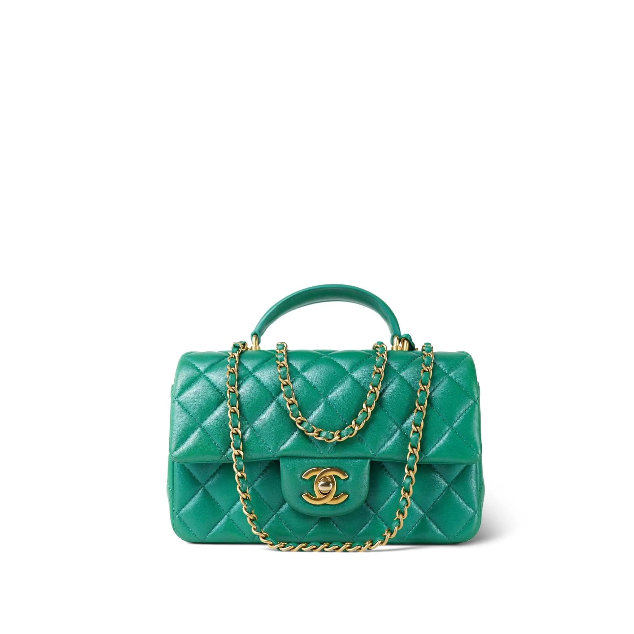 Green Lambskin Quilted Mini Top Handle Aged Gold Hardware