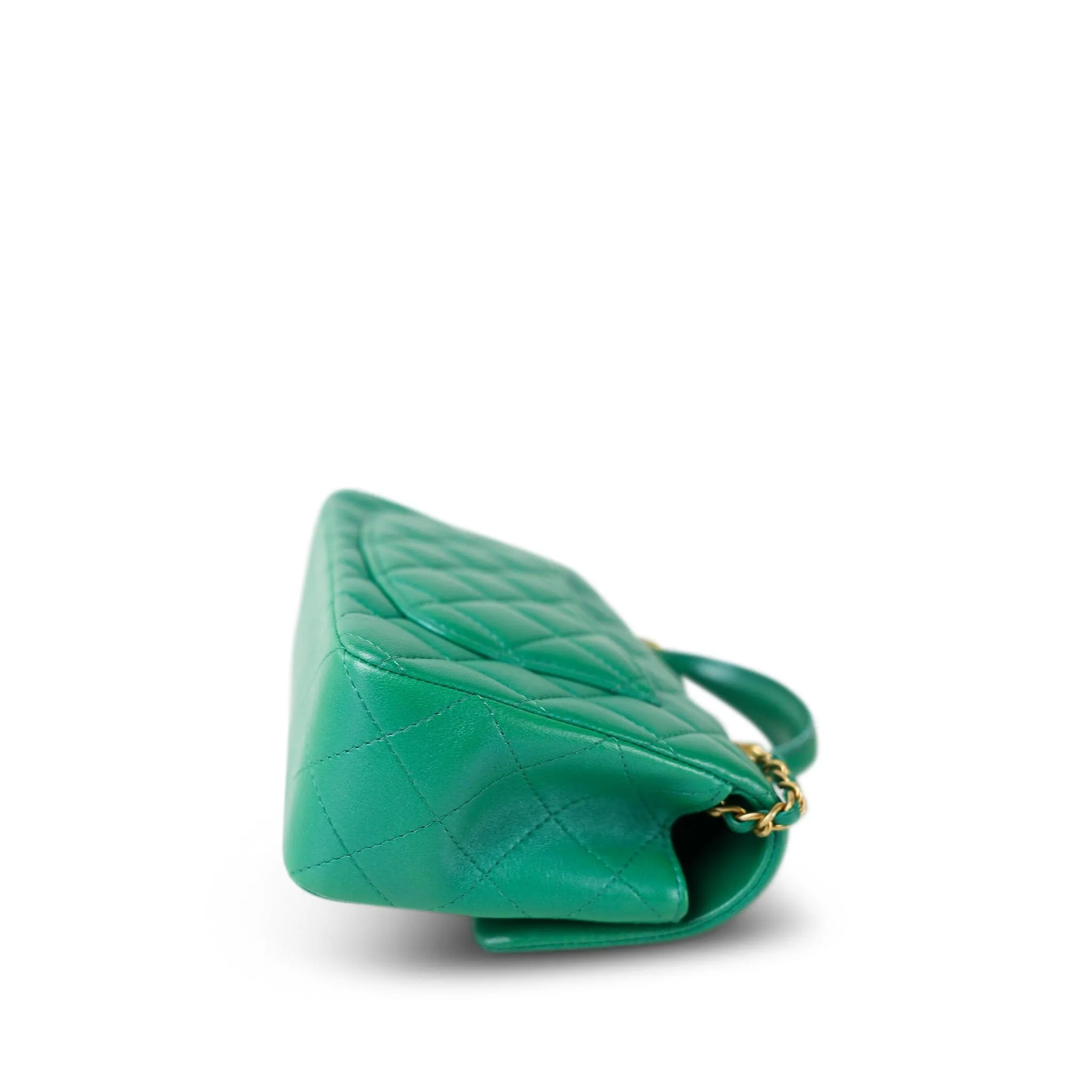 Green Lambskin Quilted Mini Top Handle Aged Gold Hardware