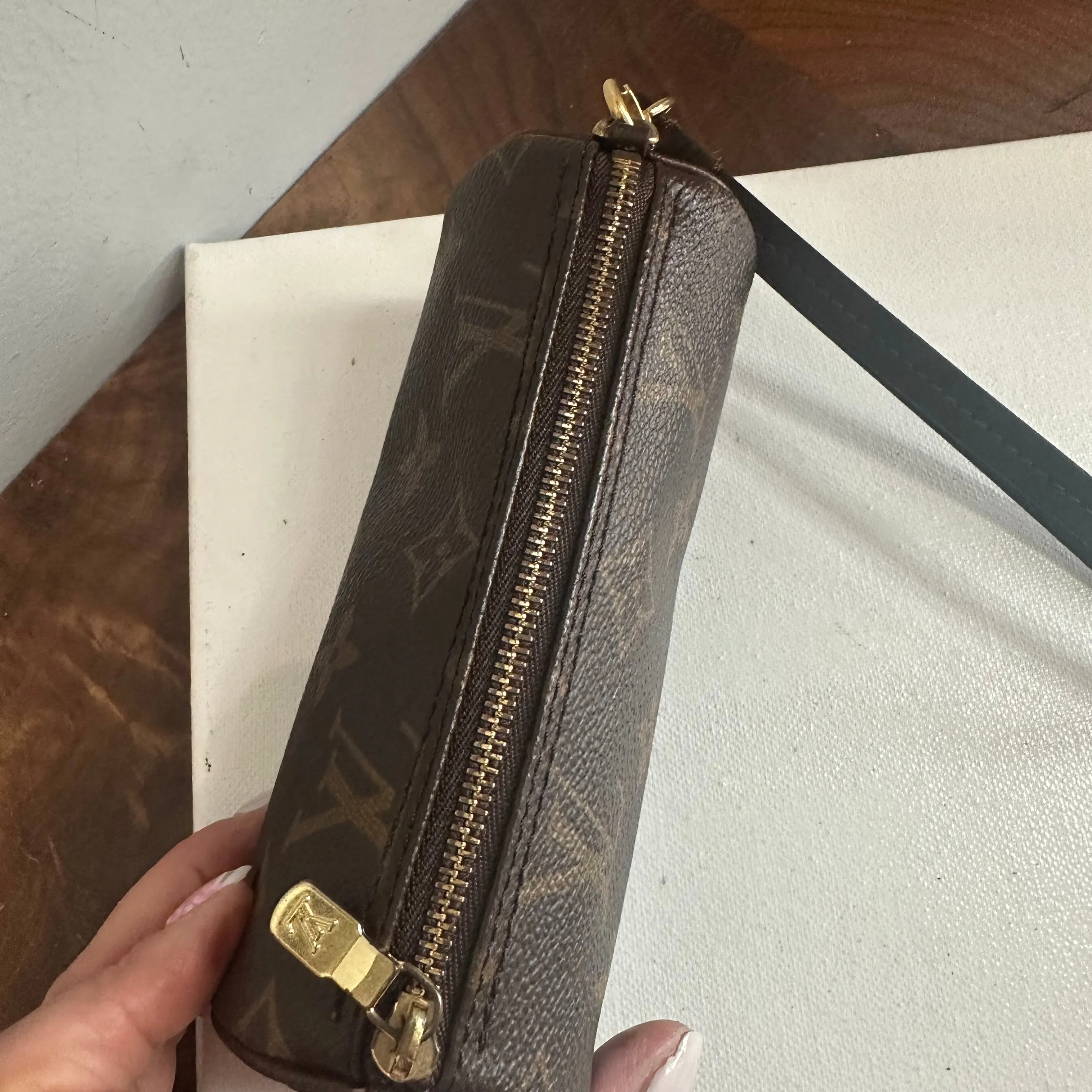 The Junco Wristlet - Vintage LV Monogram Papillon in Dark Brown